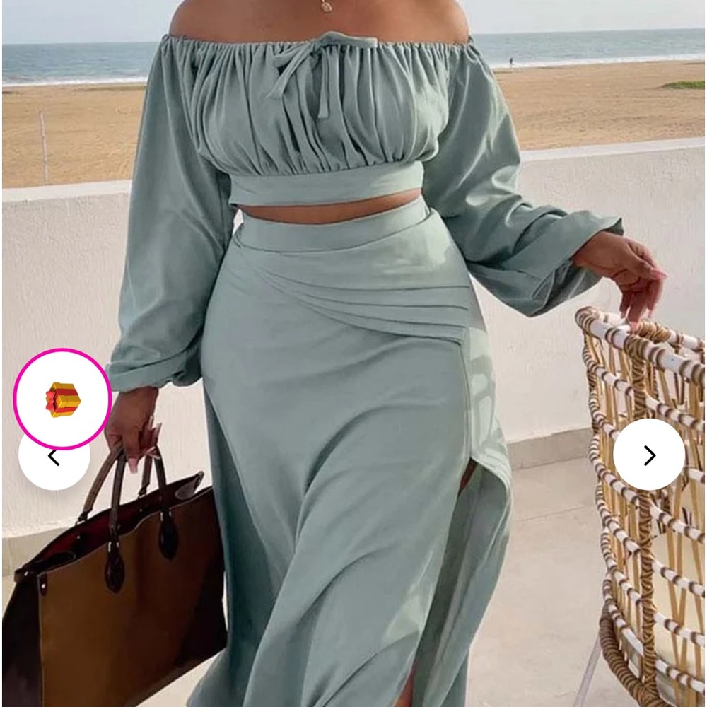 Light Blue more like Sea Foam Shoulder Side Slit Long Sleeve Two Piece Skirt Set